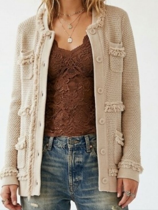 Avenue Sweaters - Neutral Beige Fringe-Trim Knit Cardigan Jacket